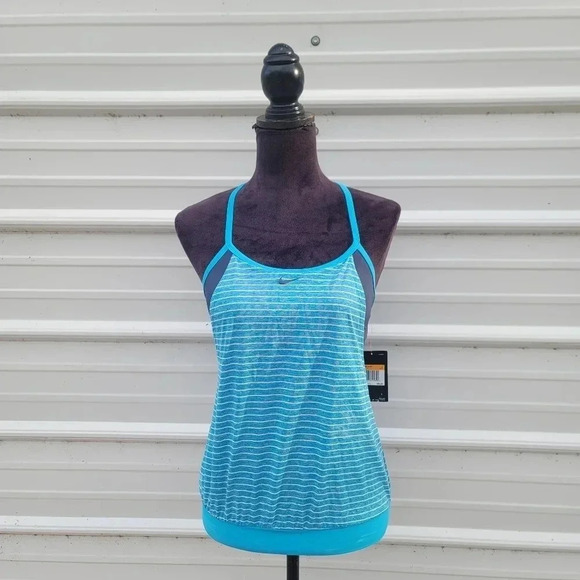 NWT Nike Striped Layered Tankini Top Swim Women Tank Racerback Blue Navy White S - Picture 1 of 10